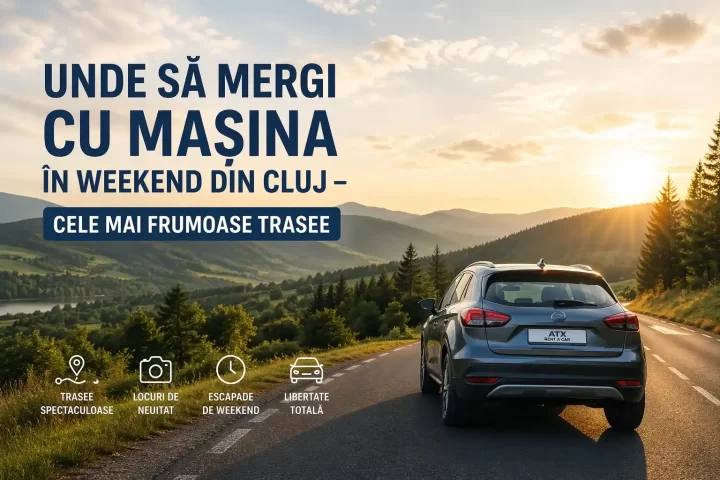 Trasee auto din Cluj pentru weekend, mașină pe drum montan la apus