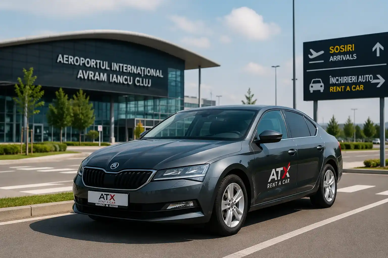 Mașină de închiriat ATX Rent a Car în fața unui hotel din Cluj-Napoca